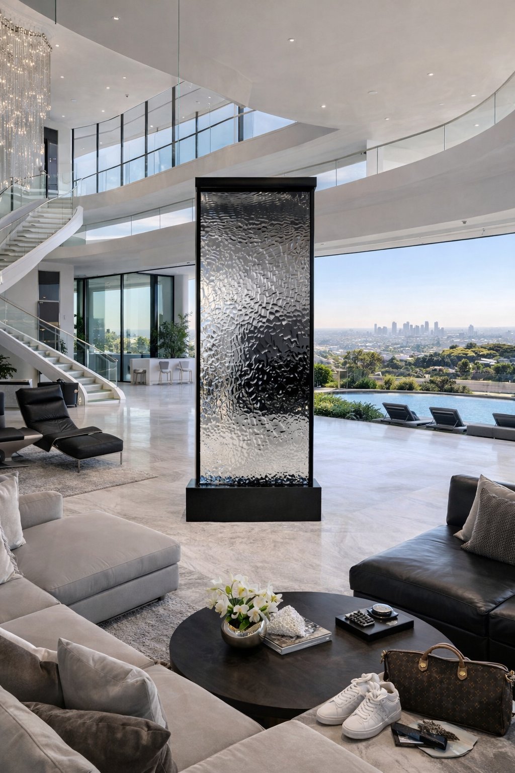 Illuminated Liquid Wall in a luxury Bel Air residence with skyline views