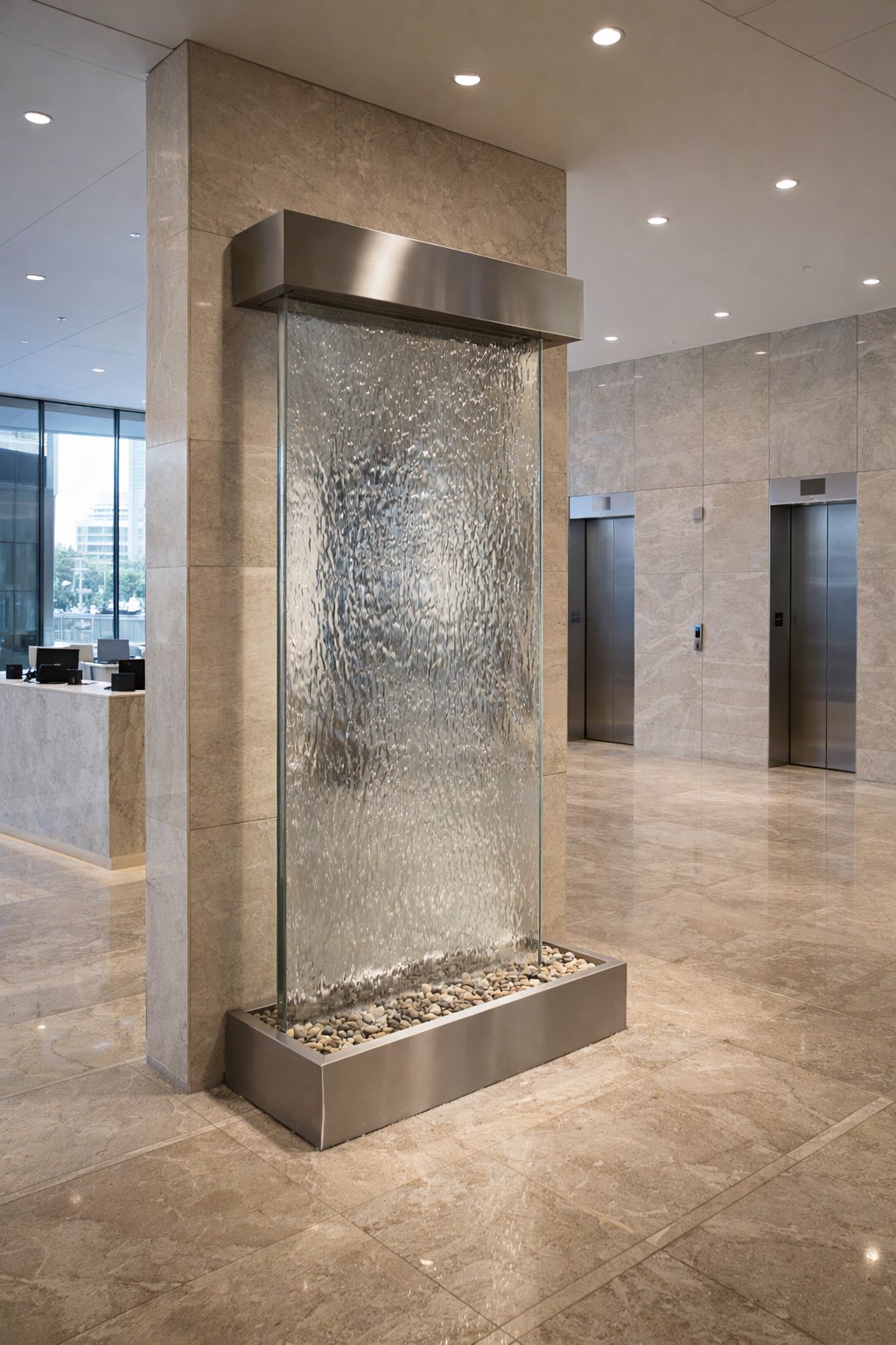 Grand mirror-finish Liquid Wall in a modern corporate lobby