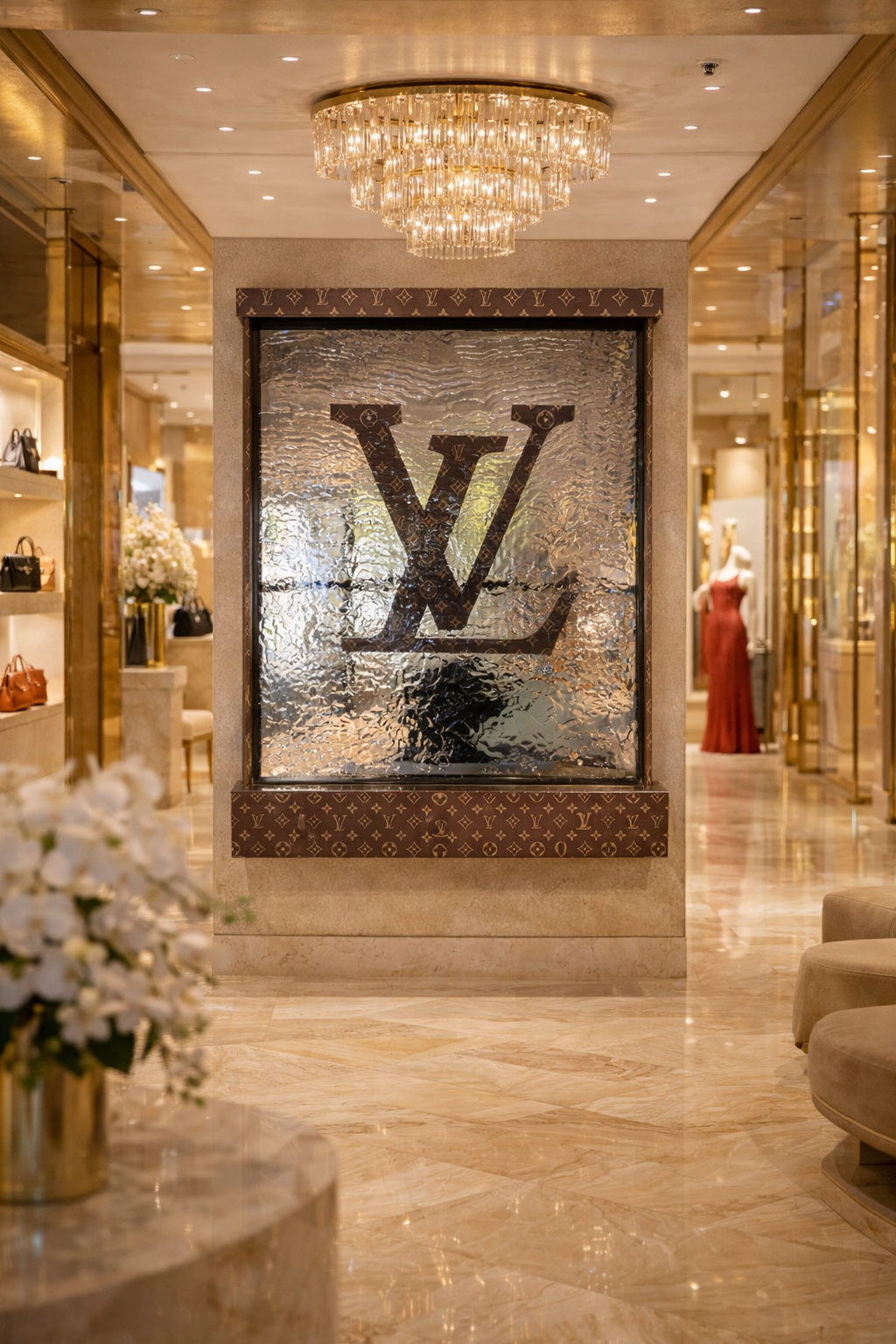 Custom branded L20 Liquid Wall installation inside a Louis Vuitton luxury retail environment