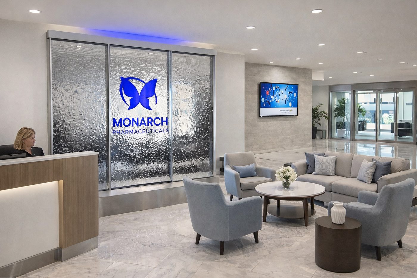 Corporate lobby liquid wall with branded logo