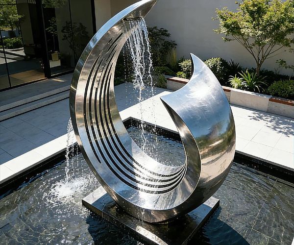 #063 Sculptural Steel Fountain – Stainless Water Sculpture